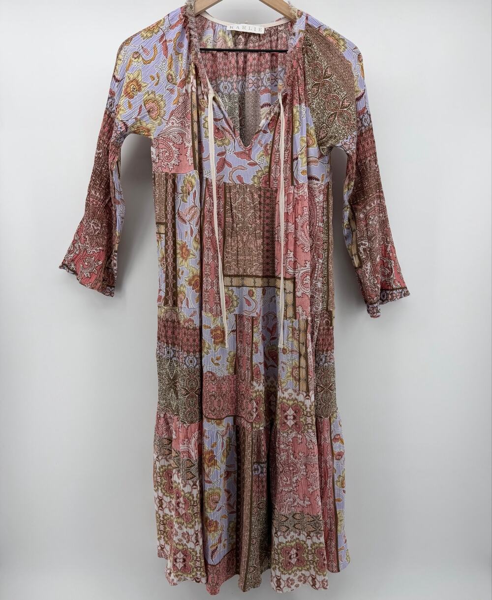 Karlie Boho Mixed Paisley Patchwork Midi Dress Cottagecore Romantic Sz M